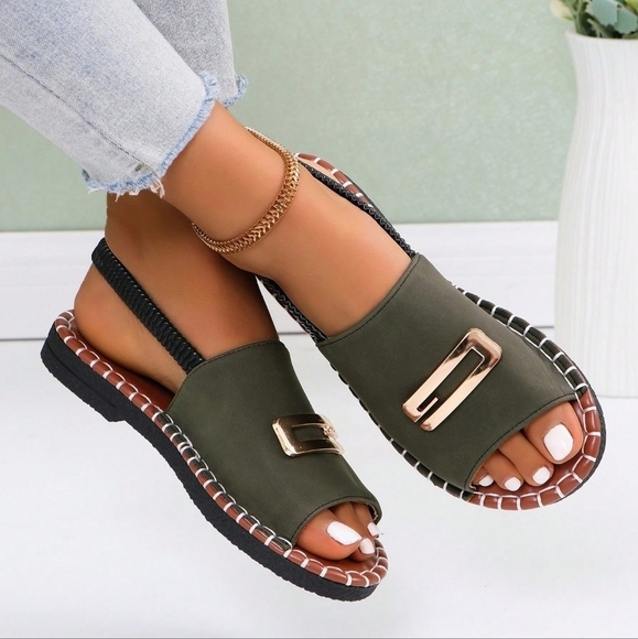 Shoes - Women Flat Sandals Buckle Elastic Ladies White Open Toe Flat Slipper Pure Color